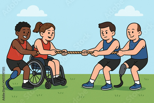 Flat cartoon athletes with disabilities playing tug of war vector illustration