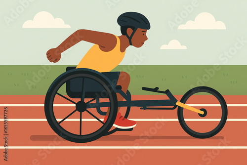 Flat animated wheelchair sprinter training on track vector illustration