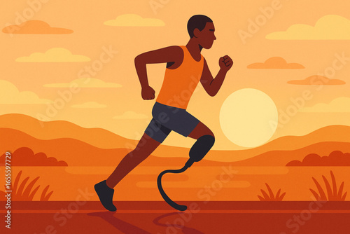 Flat animated prosthetic runner training at sunrise vector illustration