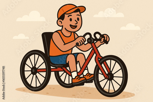Flat cartoon athlete with cerebral palsy riding adaptive tricycle vector illustration