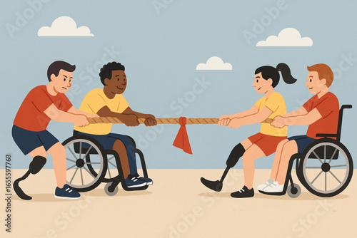 Flat cartoon athletes with disabilities playing tug of war vector illustration