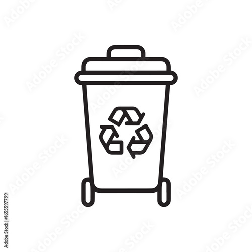 Recycling bin icon with wheels and recycle symbol in black outline style  
