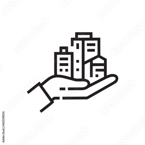 Hand supporting city buildings icon in black outline style  

