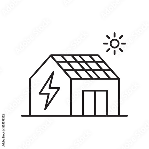 Solar powered house icon with lightning and sun in black outline style  
