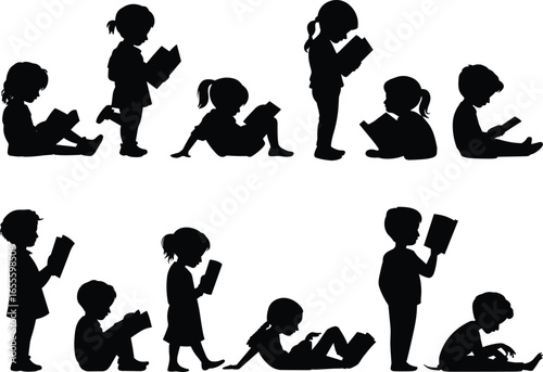 Silhouette children reading books in various poses, promoting literacy, education, imagination, and storytelling in playful cartoon-style vector illustration