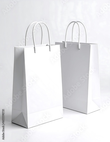 Two blank white paper shopping bags stand on a light gray surface