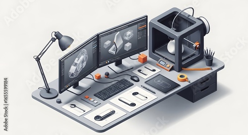 Isometric Desk Setup for Advanced Product Design and Manufacturing, 3D Printing, CAD, Engineering, Design, Technology, Innovation