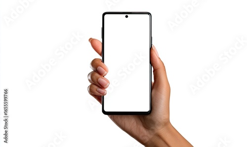 Hand holding a smartphone with blank screen, against a white background.  A close-up view of a hand displaying a modern smartphone with a blank screen, showcasing its sleek design.  