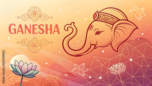 Ganesha Digital Artwork Warm Gradient Orange Red Pink Lotus Mandala Design Geometric Pattern Spiritual Indian Deity Elephant Head