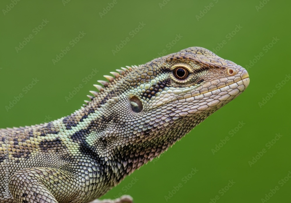 Fototapeta premium Close-up of Green Lizard with Spiny Crest on Bright Green Background