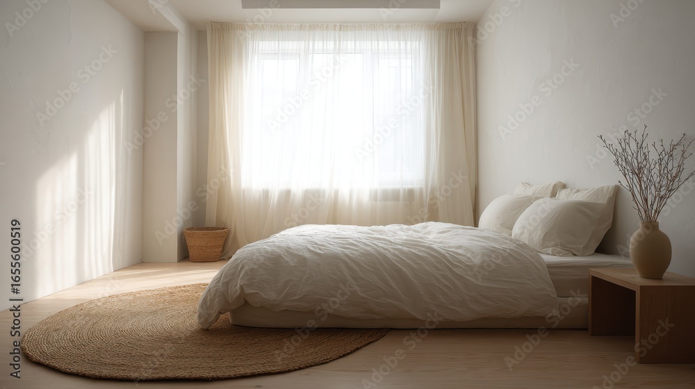 Fototapeta premium Minimalist bedroom interior with white bedding and jute rug