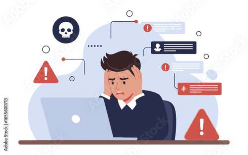 Stressed Man Reacts to Cyber Threats and Data Breach Warnings on Laptop.