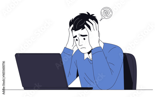 Stressed Man Working on Laptop Hands on Head Confused Expression.