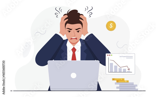 Frustrated businessman with hands on head financial chart downturn and dwindling coin stacks.