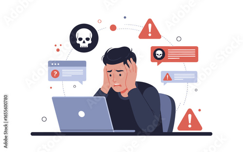 Frustrated man facing cybersecurity threats on laptop with skull and warning icons.