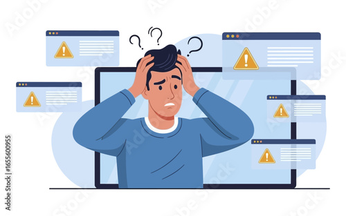 Overwhelmed Man Surrounded by Warning Alerts on Computer Screen Expressing Confusion.