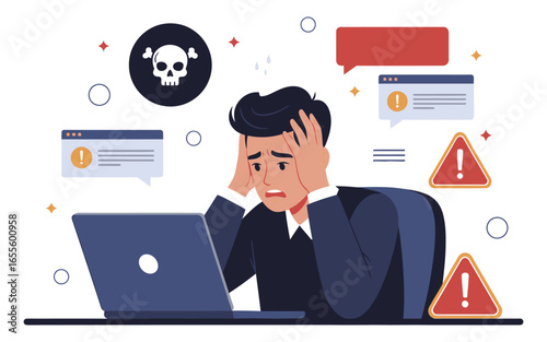 Stressed Businessman Facing Computer Virus Attack.