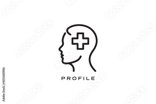 Human head profile icon with medical cross in outline style  

