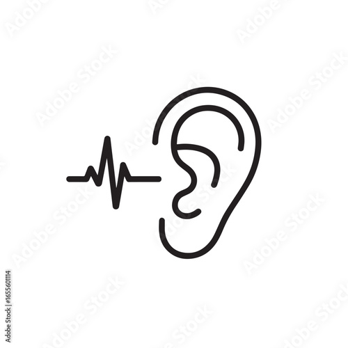 Ear with sound wave icon in black outline style for hearing and audiology  
