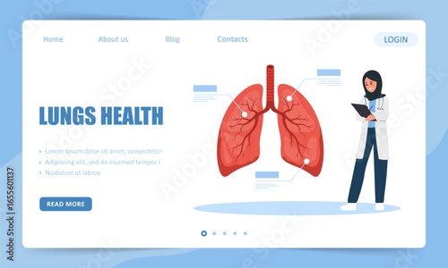 Lungs health. Landing page template. Arab Female doctor examination Respiratory system disease. Vector illustration in flat cartoon style.