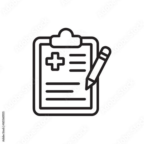 Medical clipboard icon with cross and pencil in outline style  
