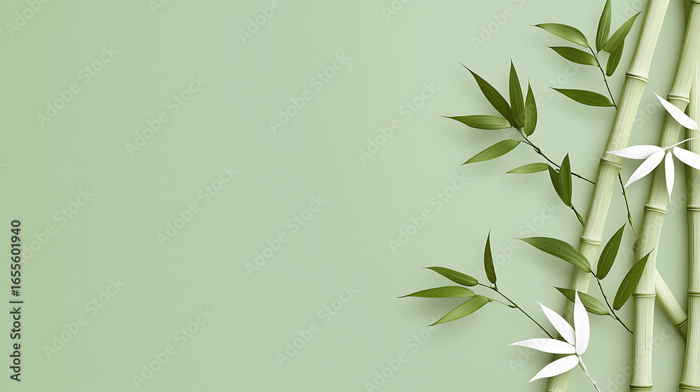 Fototapeta premium Minimalist design featuring bamboo stalks and leaves against soft green background creates serene and calming atmosphere