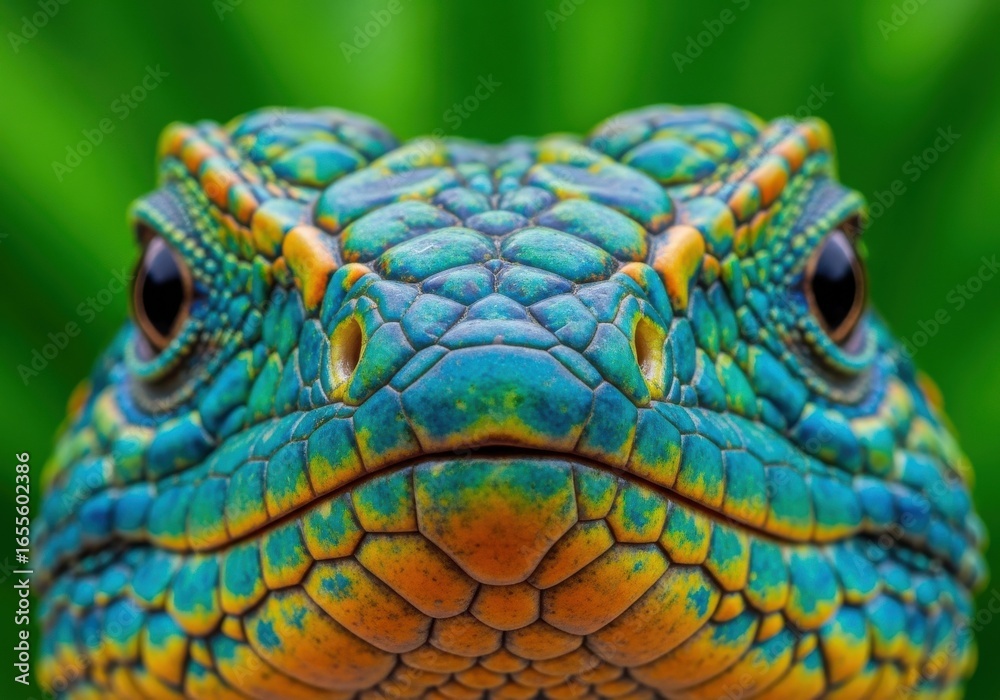 Obraz premium Close Up of Vibrant Colorful Chameleon with Green Background