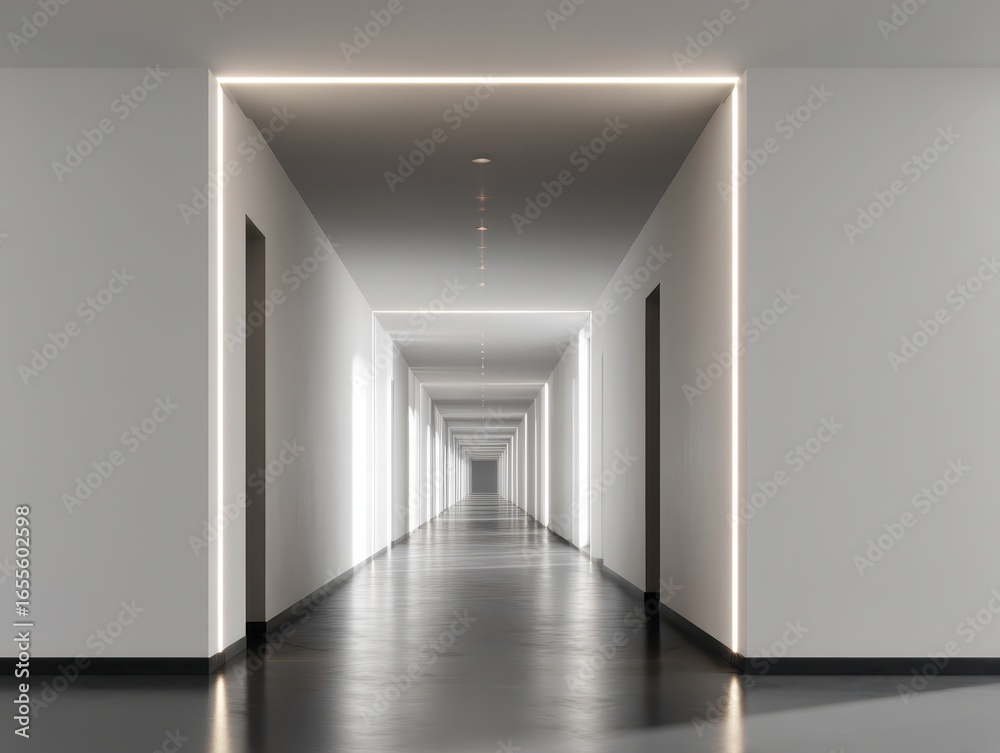 Fototapeta premium Modern white corridor with LED lights and dark floor