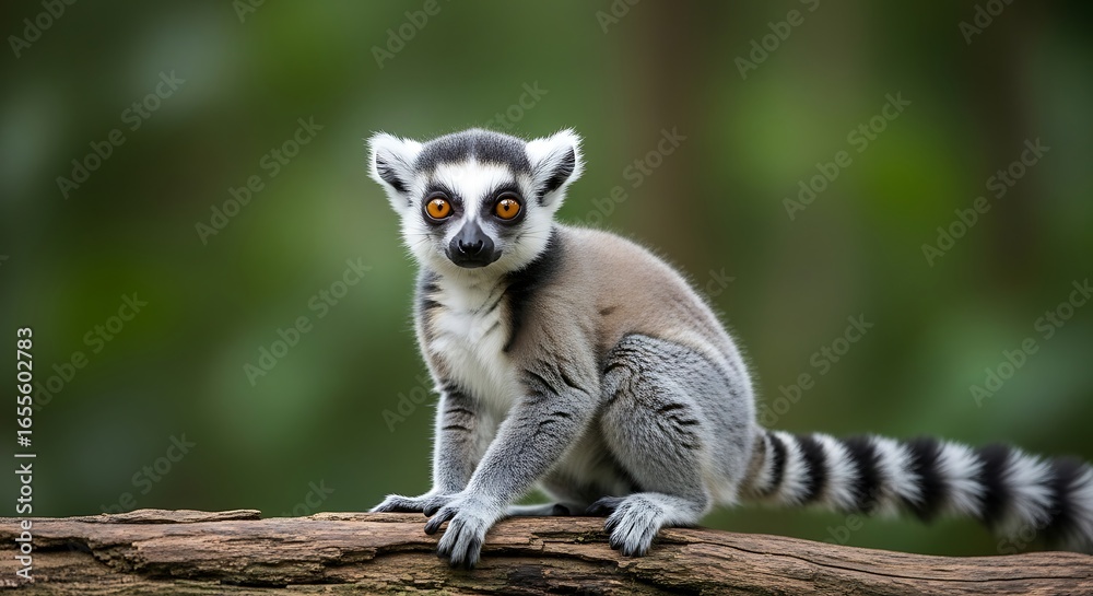 Fototapeta premium Ring-tailed Lemur Sitting on a Branch Looking at the Camera