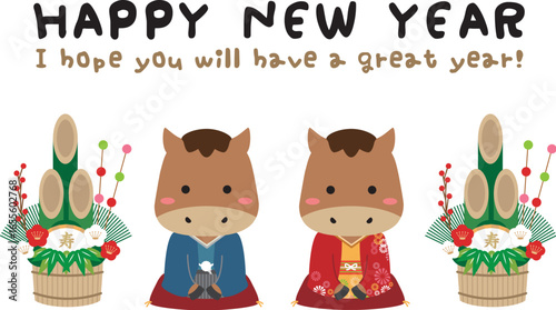 2024年　竜の年賀状　着物ペア　Happy New Year 手書き風文字メッセージ英語