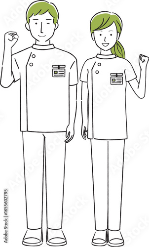 手描き1color　理学療法士の男女ガッツポーズ