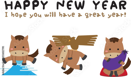 2024年　竜の年賀状　着物ペア　Happy New Year 手書き風文字メッセージ英語