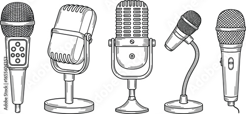 Microphone vector set vintage microphones drawing outline