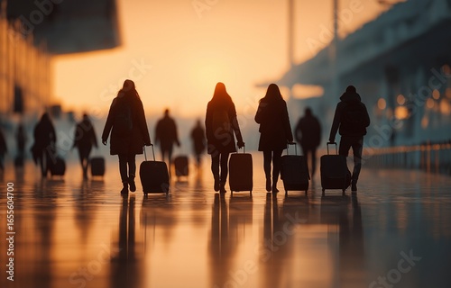 An airport group of people carrying bags.