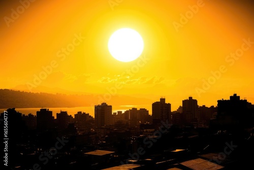 Sunset over city skyline from rooftop, golden sky, scenic view with sharp focus