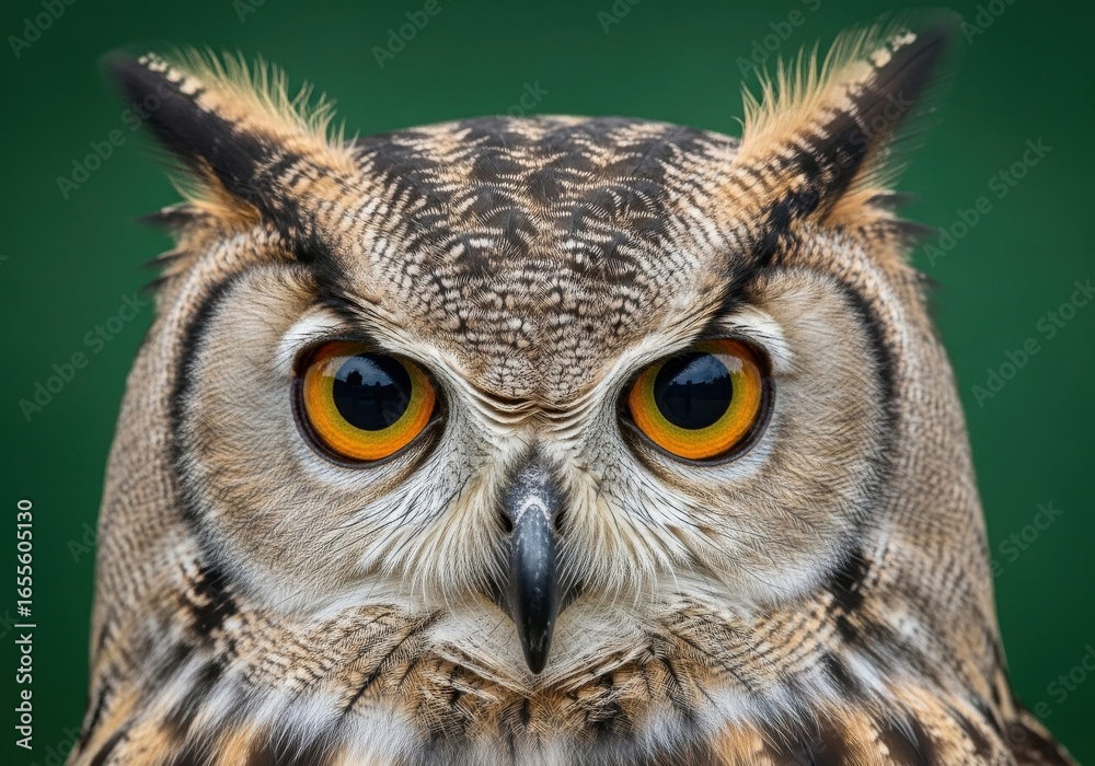 Fototapeta premium Close-up of a Detailed Owl Face with Bright Orange Eyes and Feathery Facial Disc in Sharp Focus