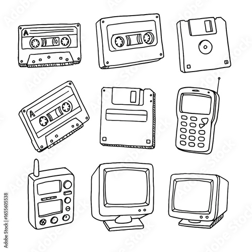 A collection of vintage technology illustrations including cassette tapes, floppy disks, old cell phones, and CRT monitors.