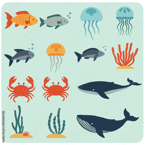 Colorful Flat Design Icon Set of Marine Life Creatures