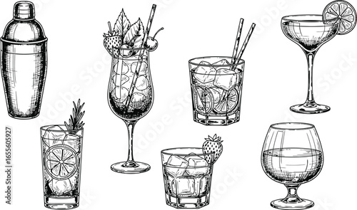 Cocktail sketch collection of drinks and bar equipment art