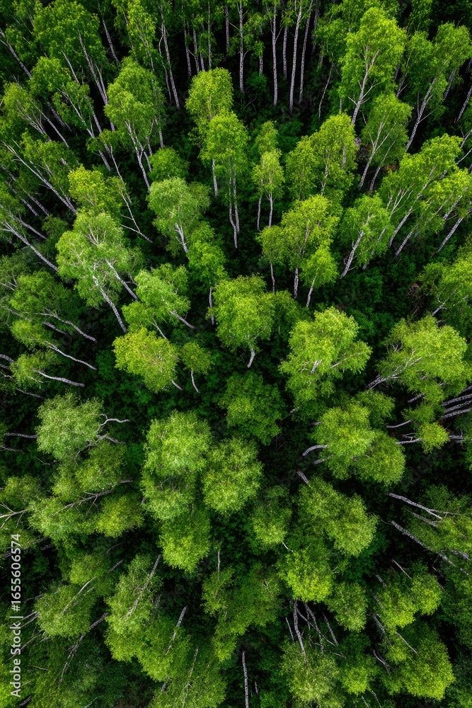 Fototapeta premium Dense forest canopy viewed from above. Vertical trunks of birch trees stand out against a vibrant green foliage