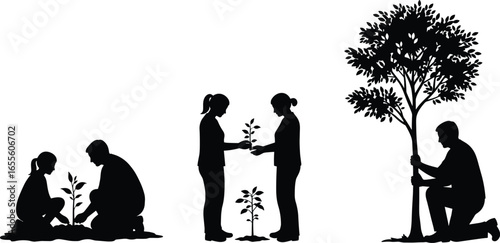 People planting trees, environmental care, tree planting activity, nature conservation, sustainable environment, teamwork planting trees, green earth, growing plants, eco friendly action