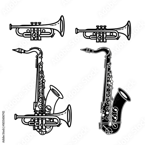 Black and White Saxophone and Trumpet Musical Instruments Icon Set