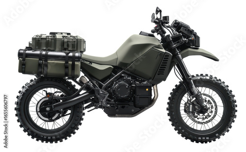 Green military-style adventure motorcycle with gear
