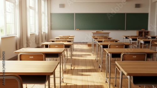 A slow panning shot reveals an empty sunlit classroom with wooden desks and a chalkboard a perfect setting for education and learning