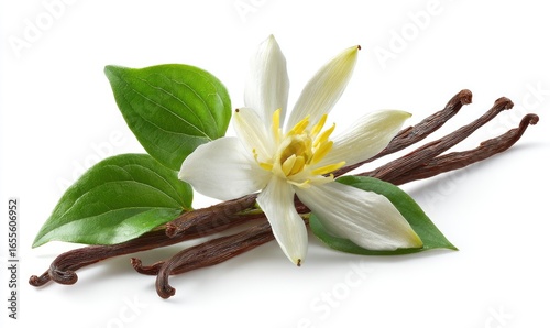 Vanilla orchid flower and pods