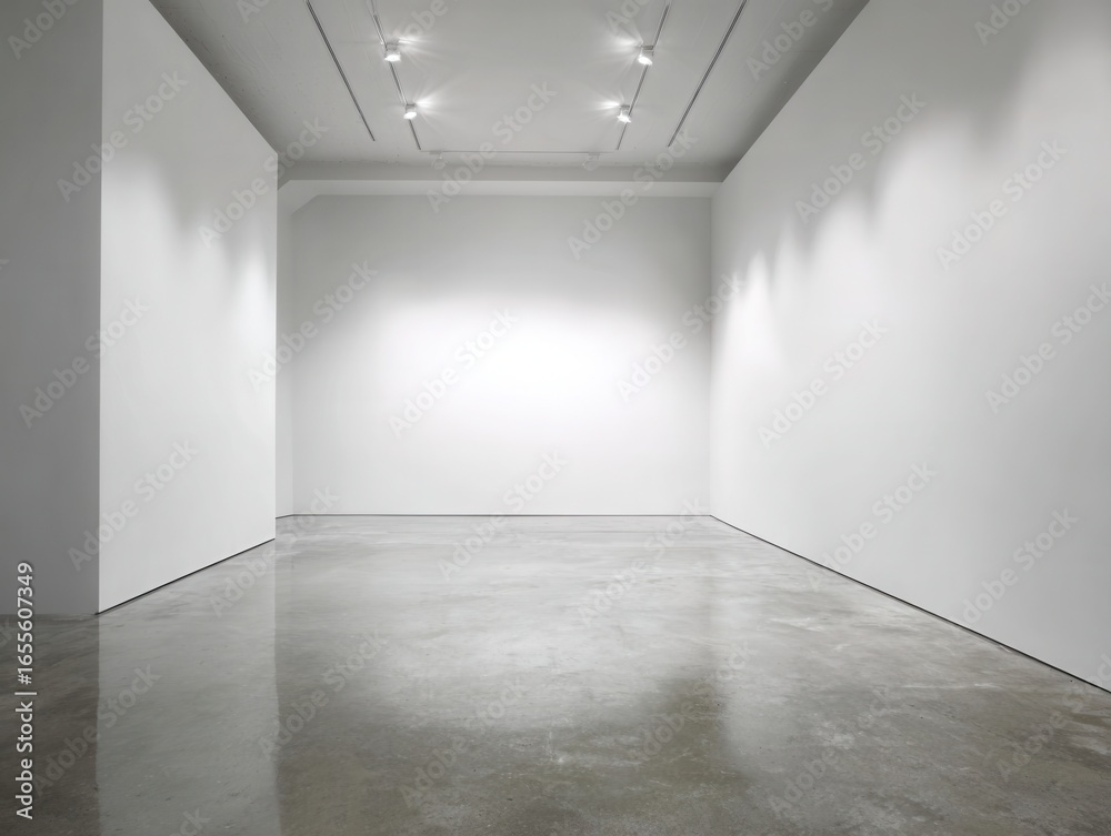 Fototapeta premium Empty white room with polished concrete floor and track lighting