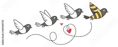 Four cartoon birds flying with hearts and a dashed flight path illustration