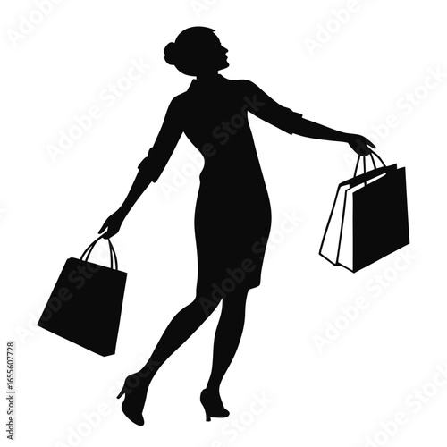 Black Silhouette of Stylish Woman Holding Shopping Bags