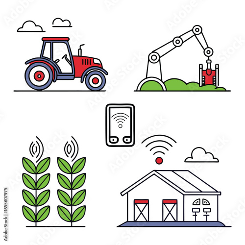 Modern Smart Farming Technology Icons Set With Tractor And Robot Arm agriculture agritech
