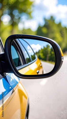 Yellow Car's Side Mirror, Road View, Summer